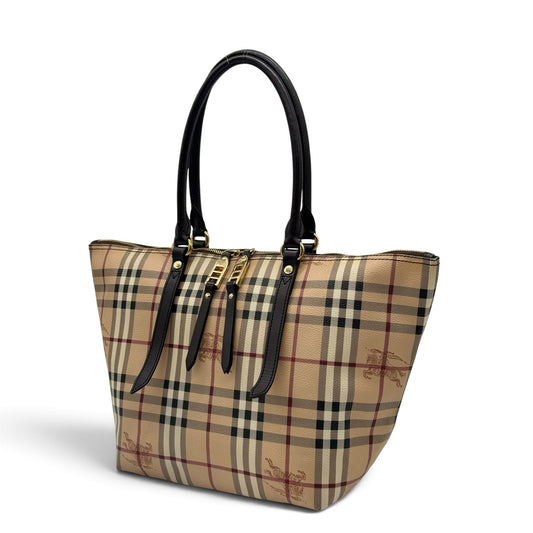 Borsa tote Borse Vintage in tela beige con iconico motivo a quadri, manici in pelle scura e dettagli dorati.