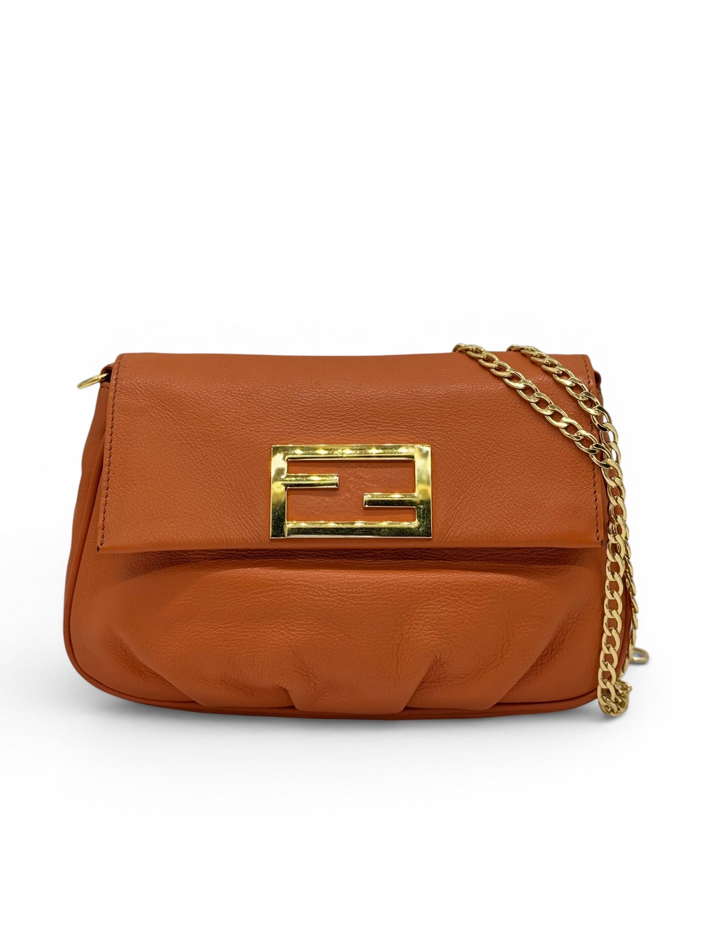 Borsa Fendi Mia arancione in pelle con dettagli in metallo dorato, modello a spalla e pochette a mano autentico