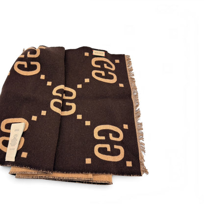 Gucci Sciarpa GG Jacquard in Lana e Seta Marrone Beige