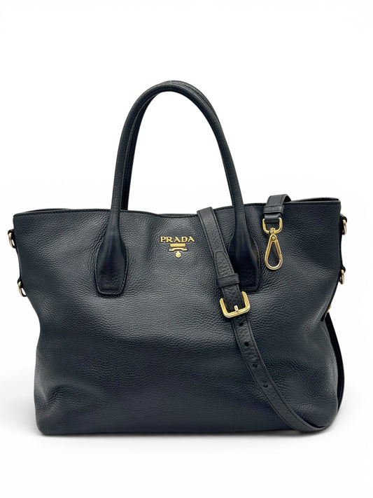 Borsa Prada Grand Shopping Tote nera in pelle con dettagli color oro, doppio manico e tracolla removibile, autentica e in ottime condizioni