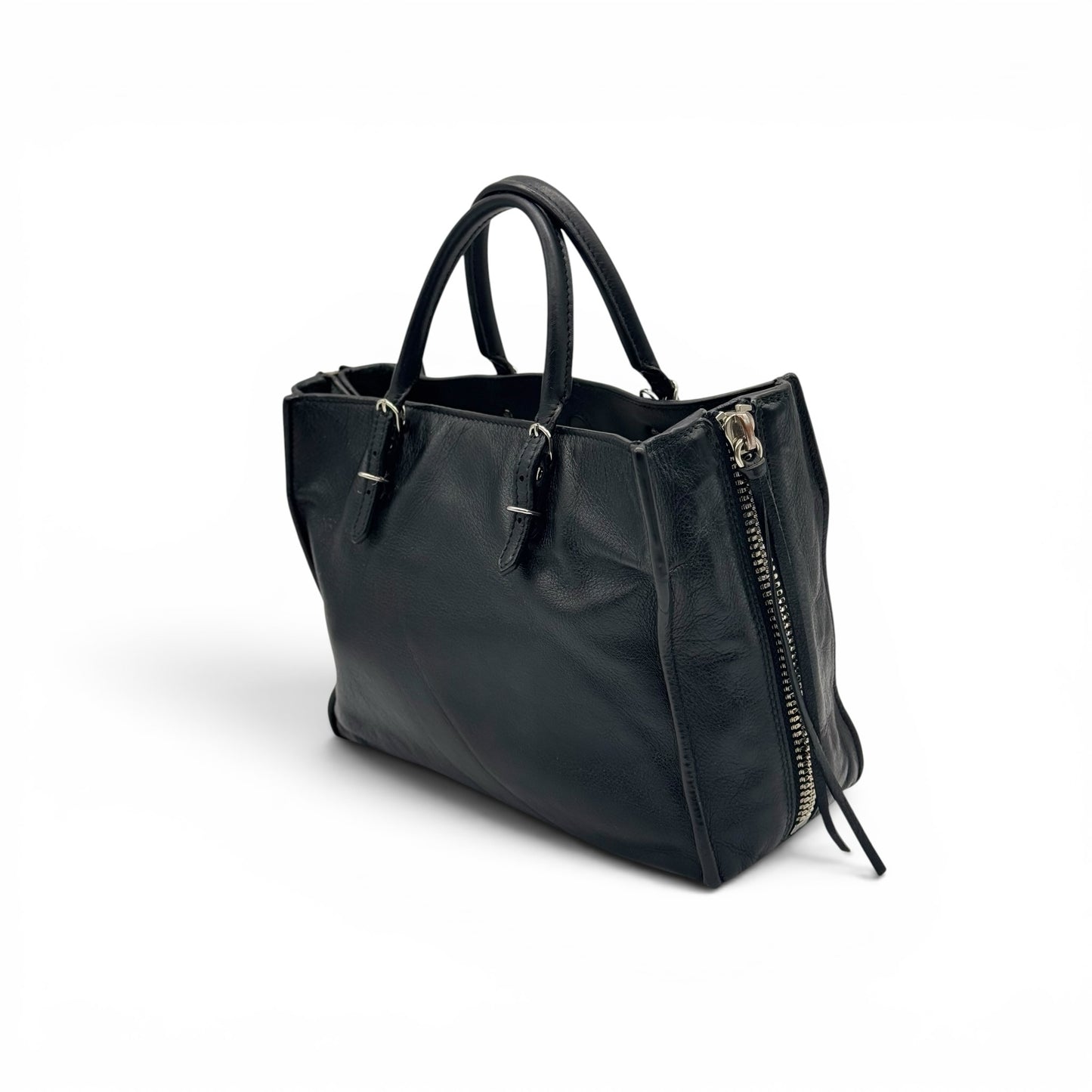 Borsa a mano Borse Vintage Balenciaga in pelle nera martellata con zip laterali e doppi manici, design rock-chic.