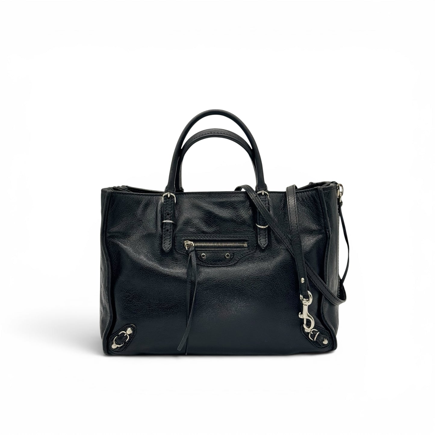Borsa a mano Borse Vintage Balenciaga in pelle martellata nera con borchie metalliche, zip frontale e tracolla rimovibile