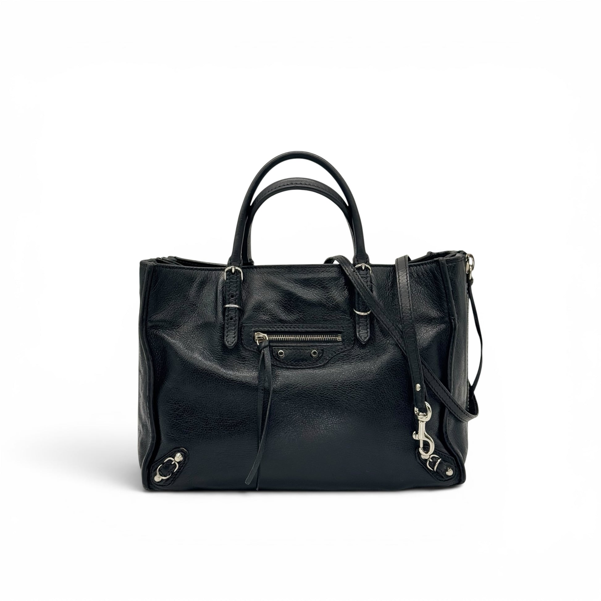 Borsa a mano Borse Vintage Balenciaga in pelle martellata nera con borchie metalliche, zip frontale e tracolla rimovibile