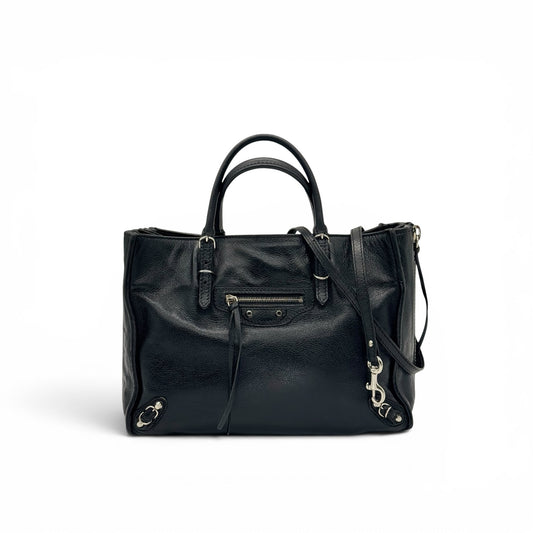 Borsa a mano Borse Vintage Balenciaga in pelle martellata nera con borchie metalliche, zip frontale e tracolla rimovibile
