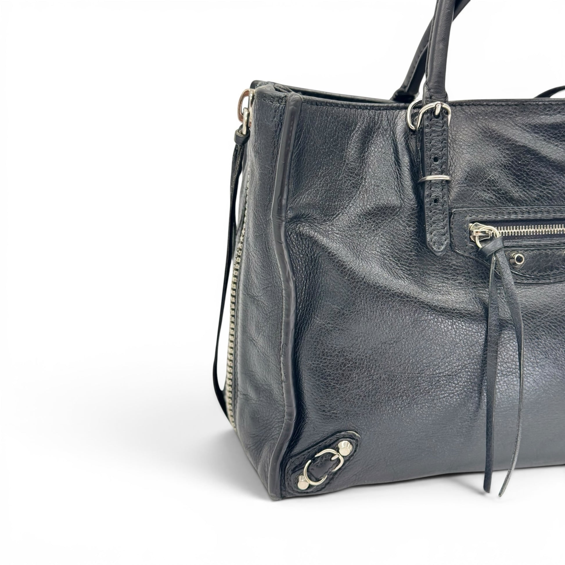 Borsa a mano Borse Vintage Balenciaga in pelle martellata nera con borchie metalliche e zip laterali
