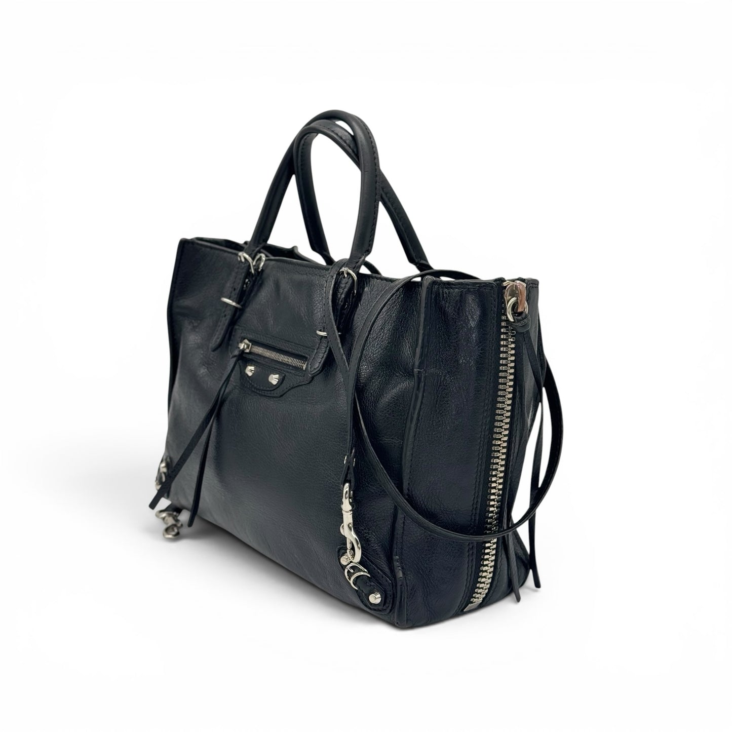 Borsa a mano Borse Vintage Balenciaga in pelle martellata nera con borchie metalliche e zip laterali espandibili