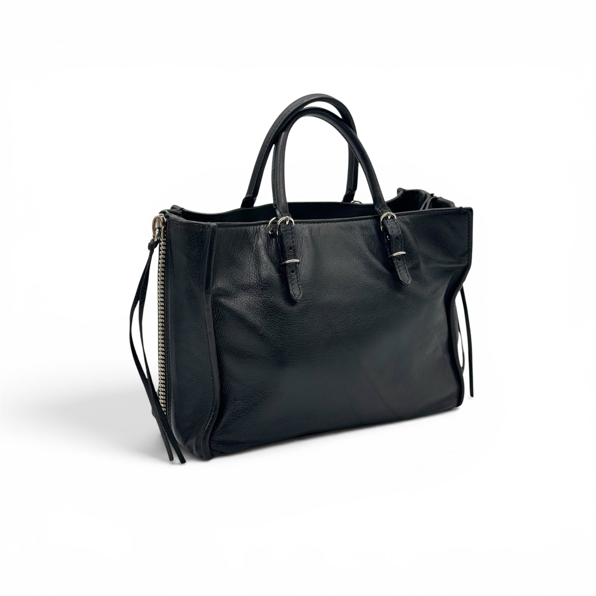 Borsa a mano Borse Vintage Balenciaga in pelle martellata nera con borchie e zip laterali espandibili