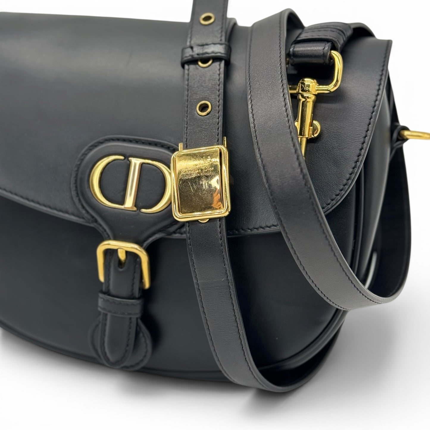 Borsa a tracolla Borse Vintage Christian Dior Bobby in pelle nera liscia con logo metallico oro e fibbia frontale