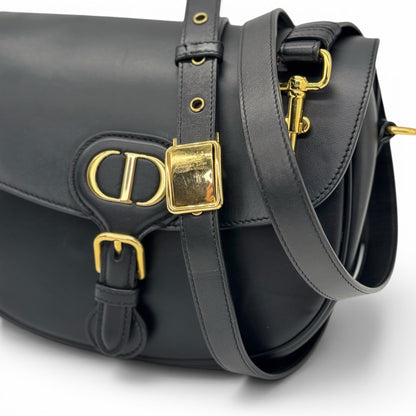 Borsa a tracolla Borse Vintage Christian Dior Bobby in pelle nera liscia con logo metallico oro e fibbia frontale