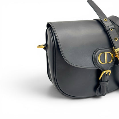 Borsa a tracolla Borse Vintage Christian Dior Bobby in pelle nera liscia con logo metallico oro e chiusura a fibbia