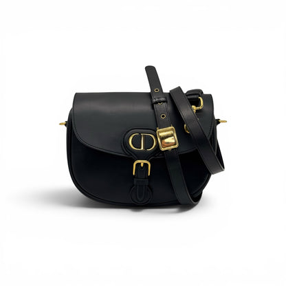 Borsa a tracolla Borse Vintage Christian Dior Bobby in pelle nera liscia con logo CD dorato e chiusura a fibbia