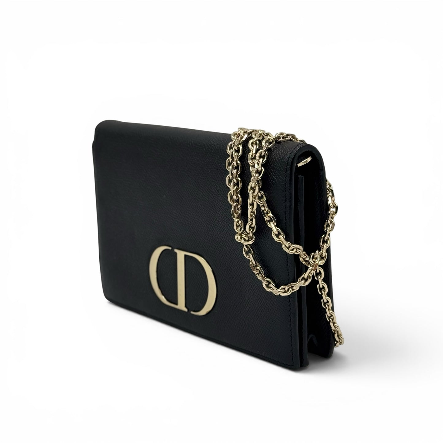 Borsa a tracolla Borse Vintage Christian Dior in pelle nera granulata con logo CD dorato e catena in metallo