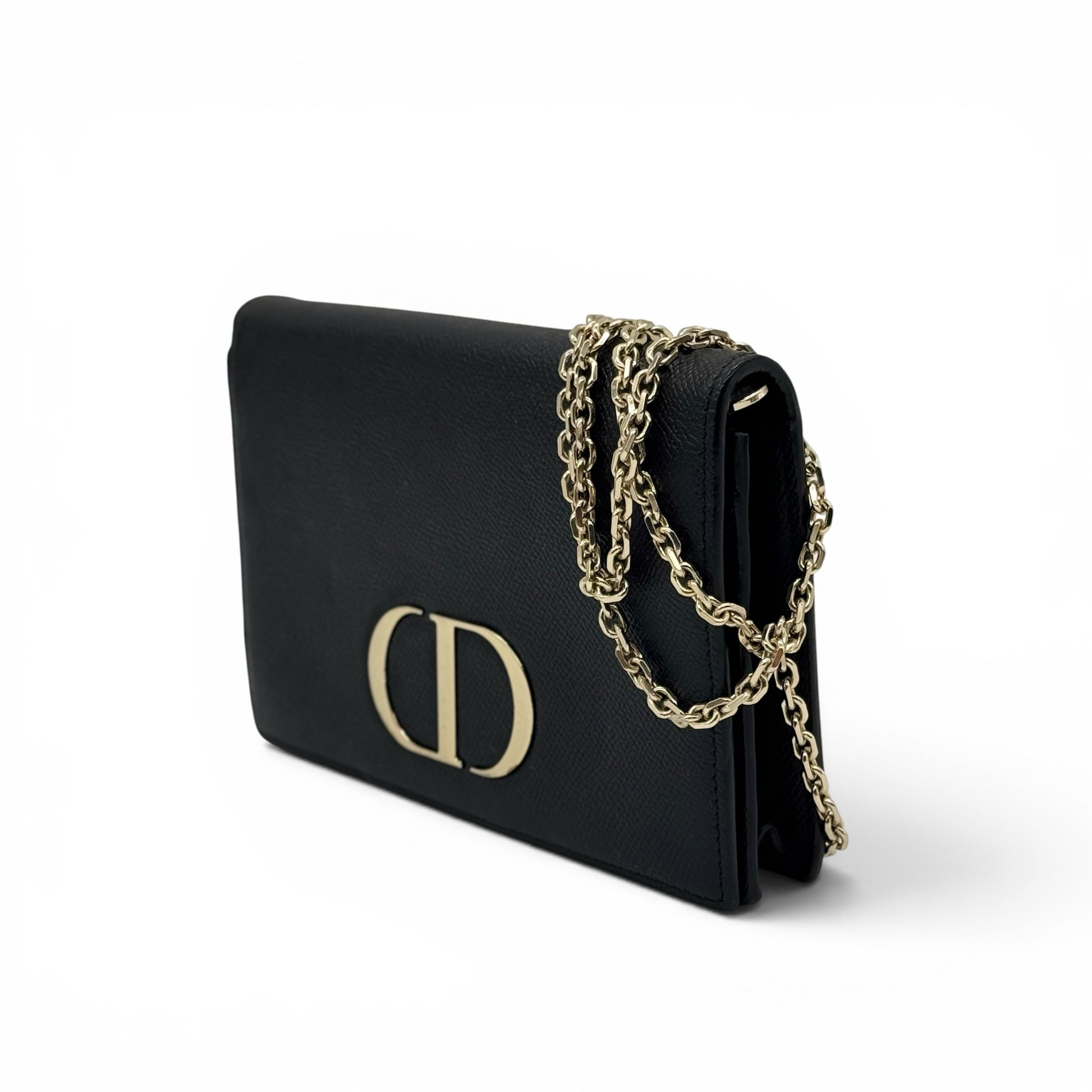 Borsa a tracolla Borse Vintage Christian Dior in pelle nera granulata con logo CD dorato e catena in metallo