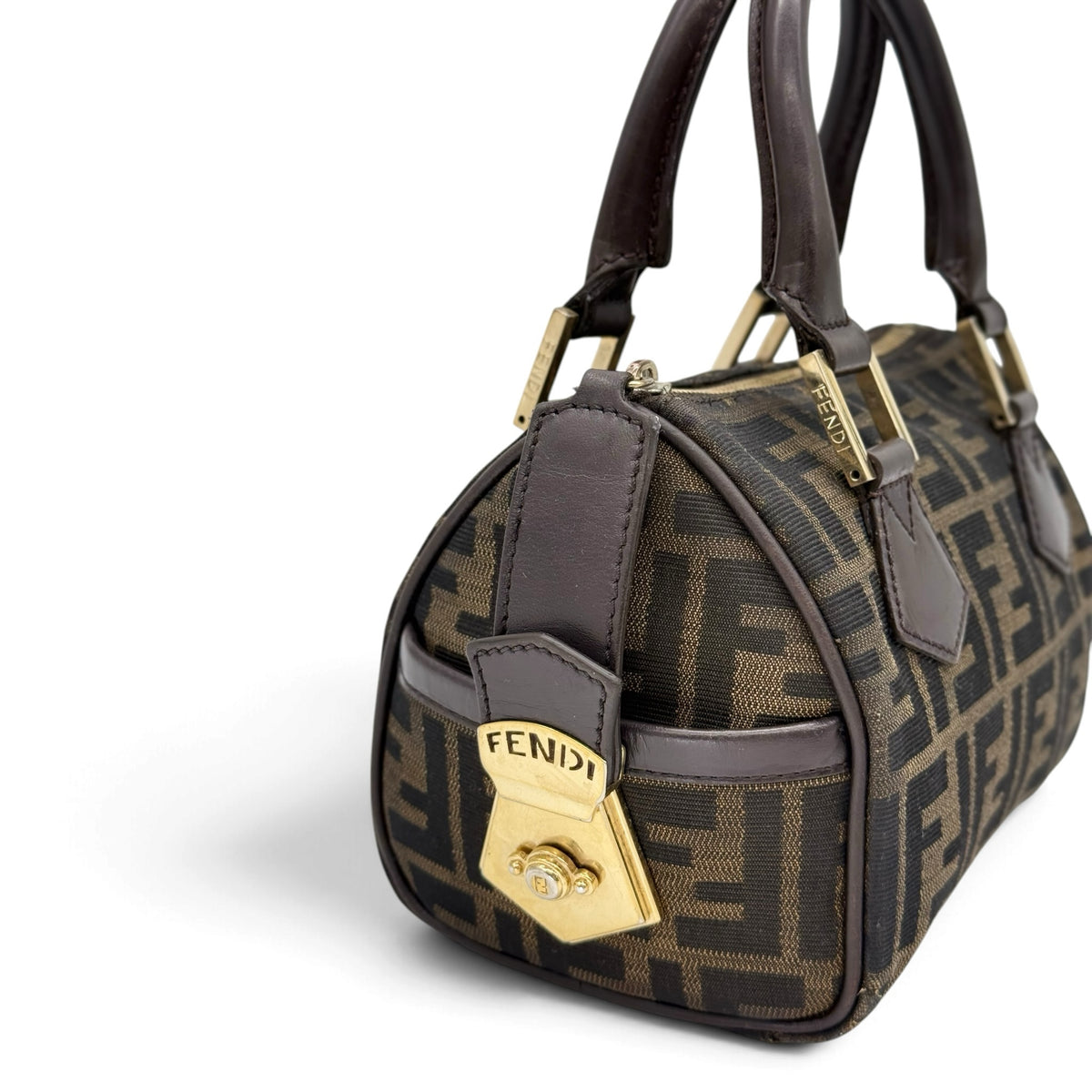 Borsa a mano Borse Vintage Fendi in tela monogrammata marrone con dettagli in pelle e chiusura in metallo dorato