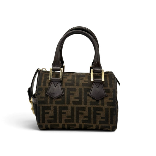 Borsa a mano Borse Vintage Fendi in tela monogrammata marrone con manici in pelle e dettagli in metallo dorato