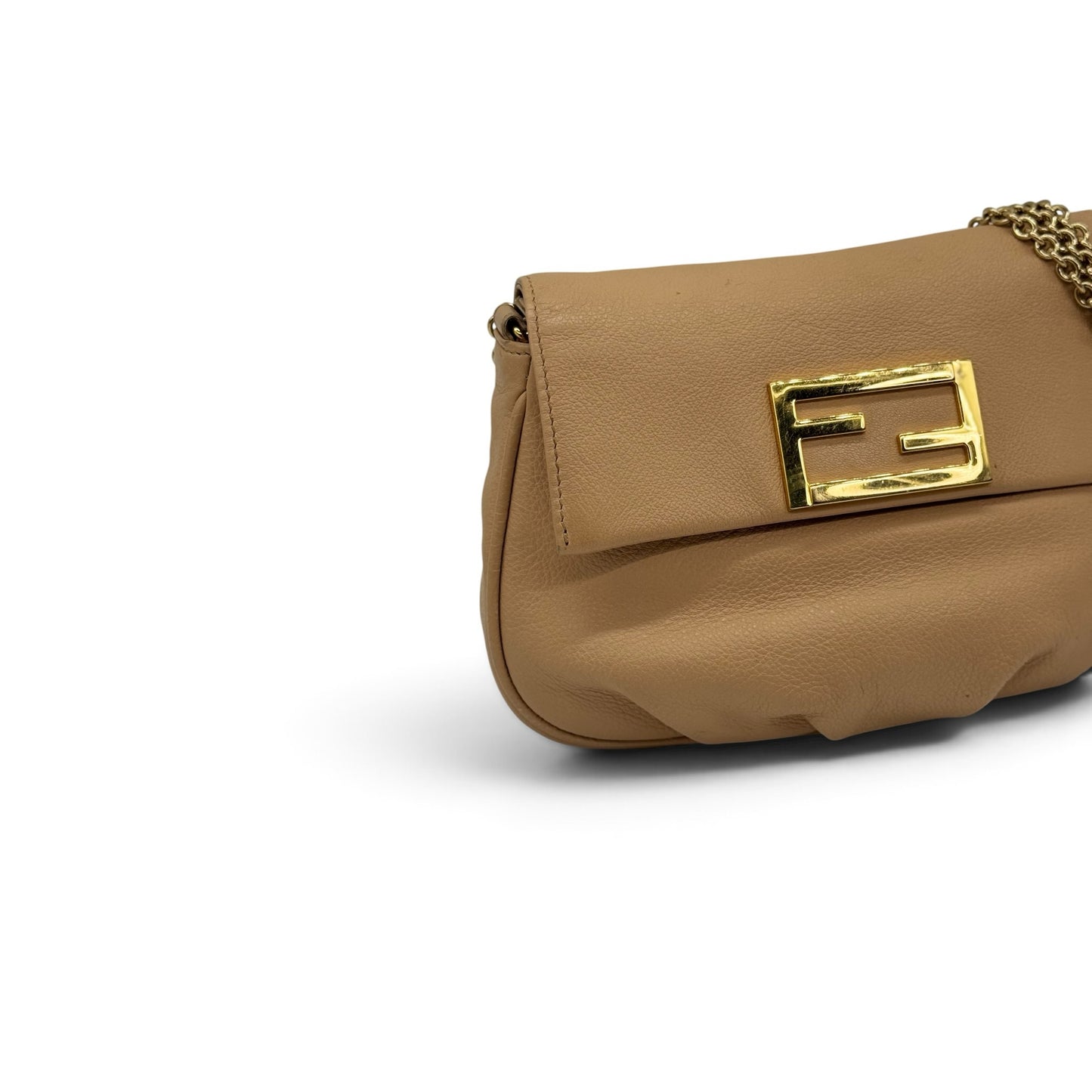 Borsa a spalla Borse Vintage Fendi in pelle color nude con logo metallico dorato e tracolla a catena