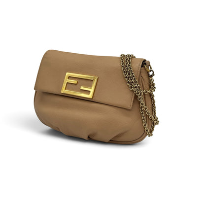 Borsa a spalla Borse Vintage Fendi in pelle color nude con logo dorato e tracolla a catena