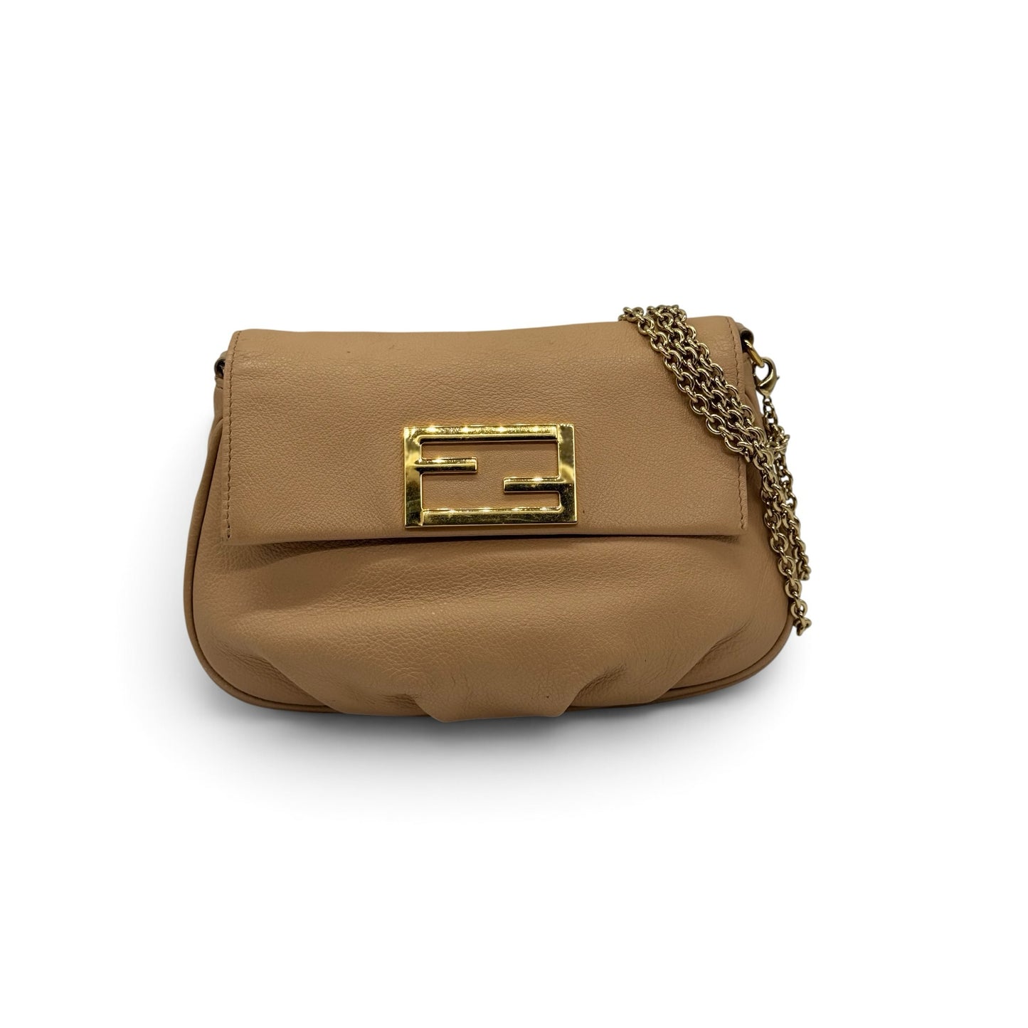 Borsa a spalla Borse Vintage Fendi in pelle color nude con dettagli plissettati e tracolla a catena dorata