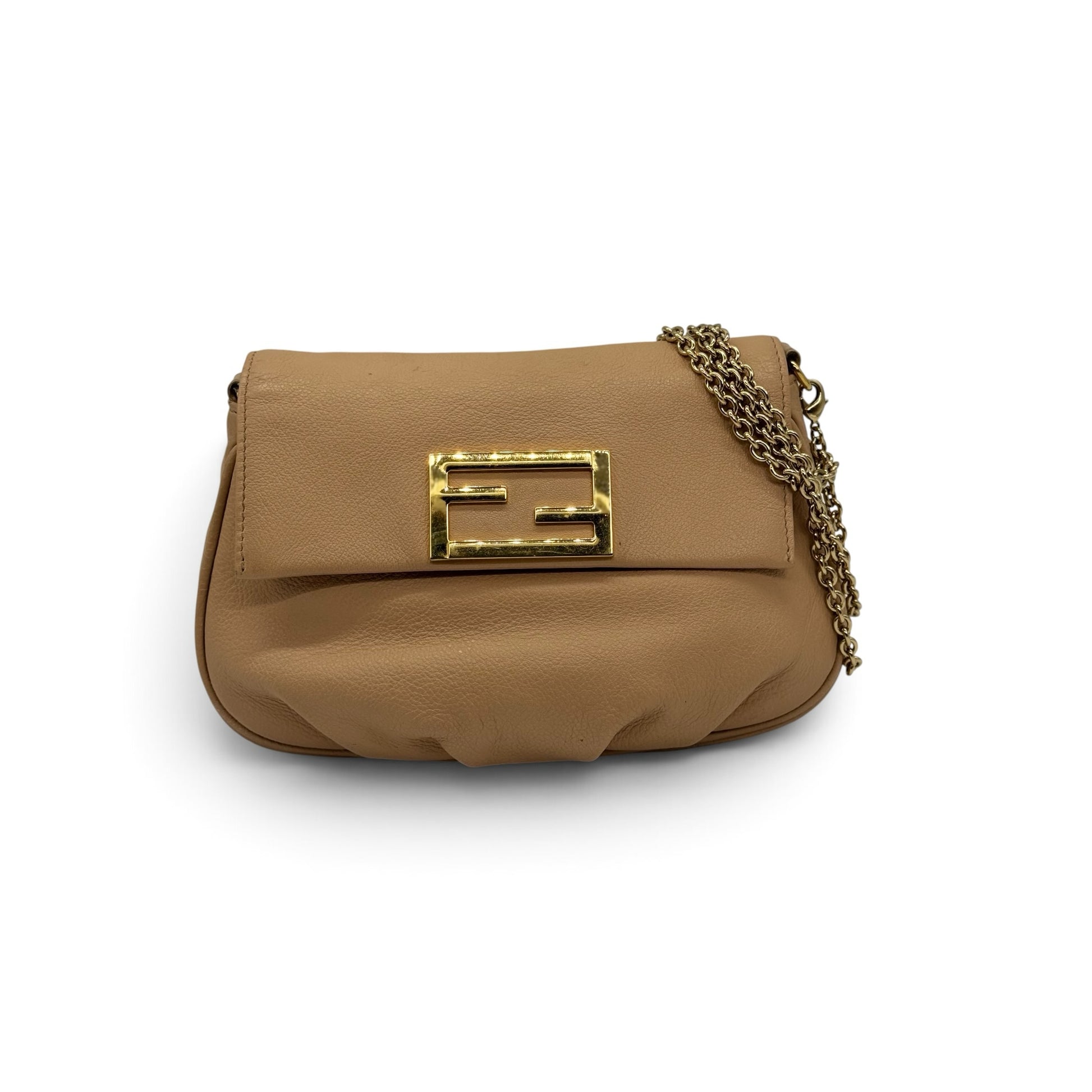 Borsa a spalla Borse Vintage Fendi in pelle color nude con dettagli plissettati e tracolla a catena dorata