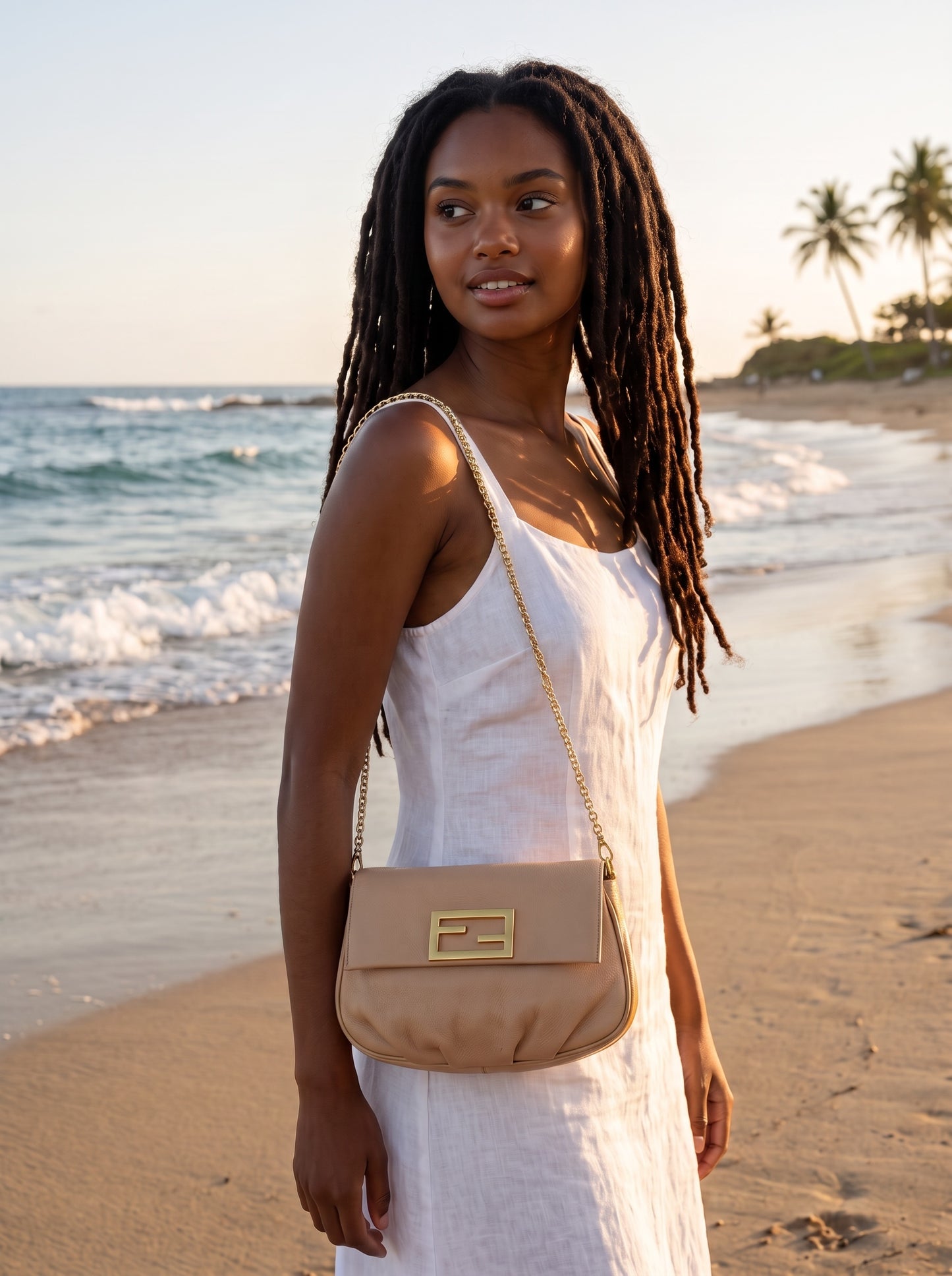 Modella con borsa a spalla FENDI in pelle color nude con dettagli plissettati e tracolla a catena dorata su una spiaggia