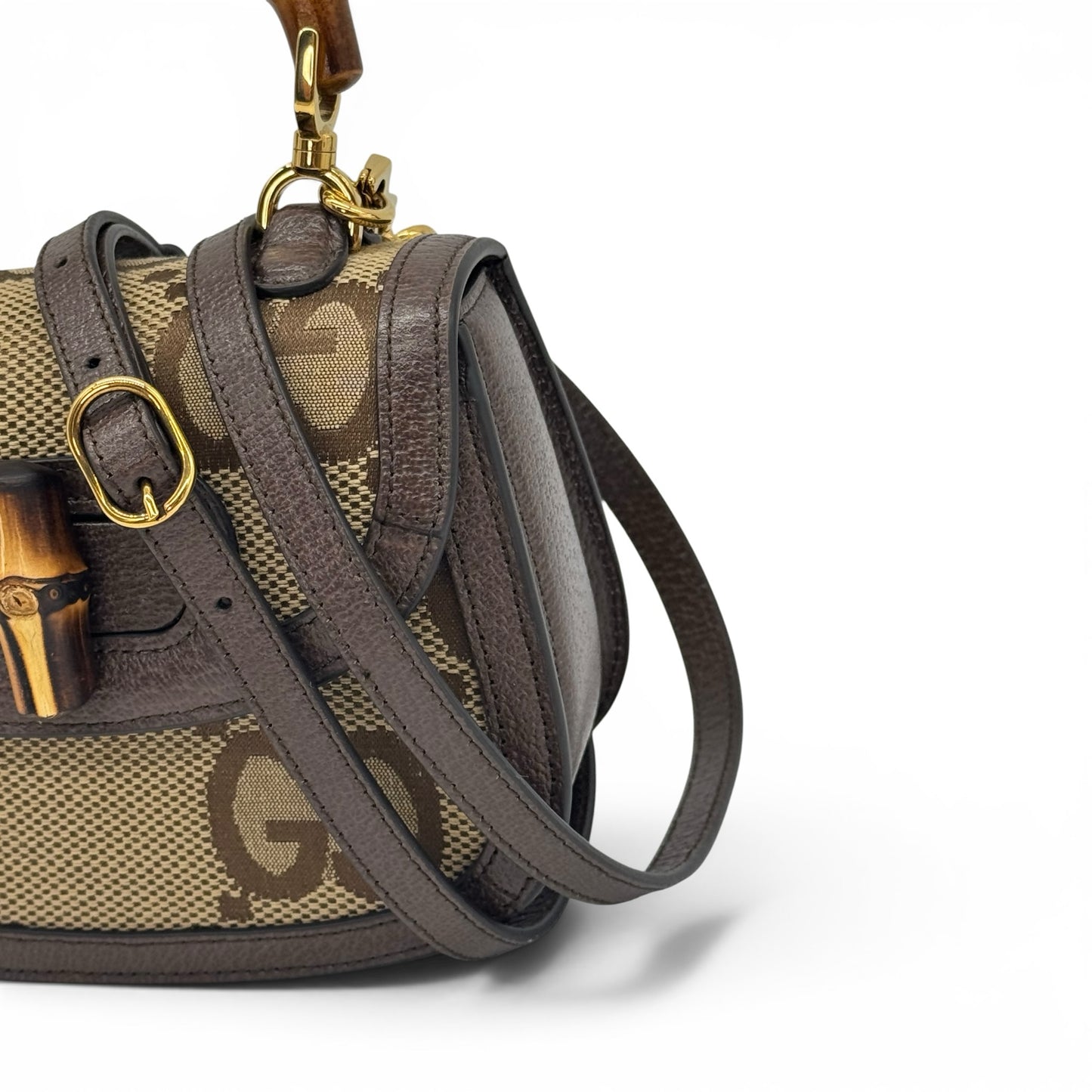 Borsa a tracolla Borse Vintage Gucci Bamboo in tela GG beige e pelle marrone con iconico manico e chiusura in bambù