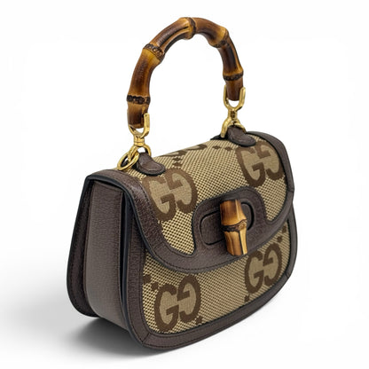 Borsa Borse Vintage Gucci Bamboo in tela GG beige e pelle marrone con iconico manico e chiusura in bambù