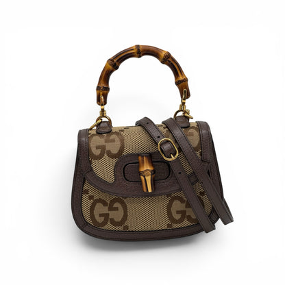 Borsa Borse Vintage Gucci Bamboo in tela GG beige e pelle marrone con iconico manico e chiusura in bambù