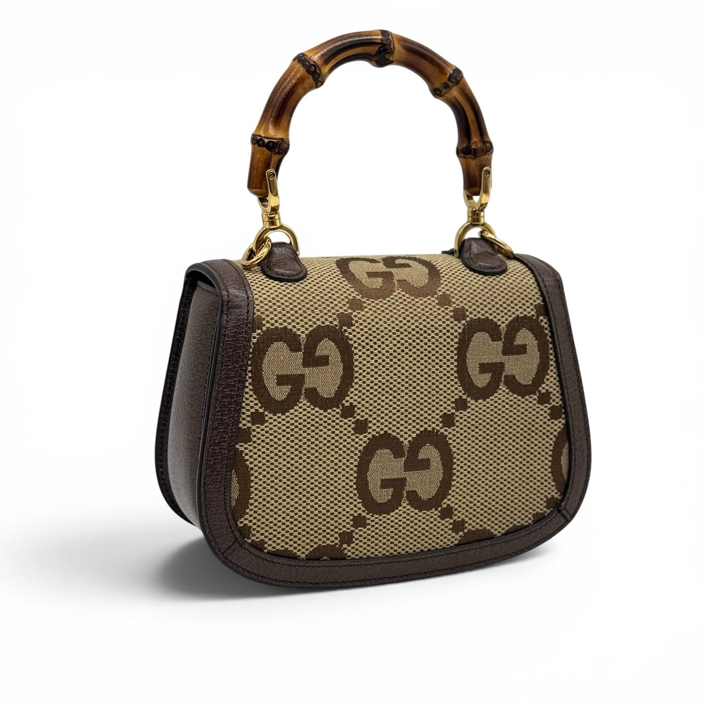 Borsa Borse Vintage Gucci Bamboo in tela GG beige e marrone con iconico manico in bambù e dettagli in pelle