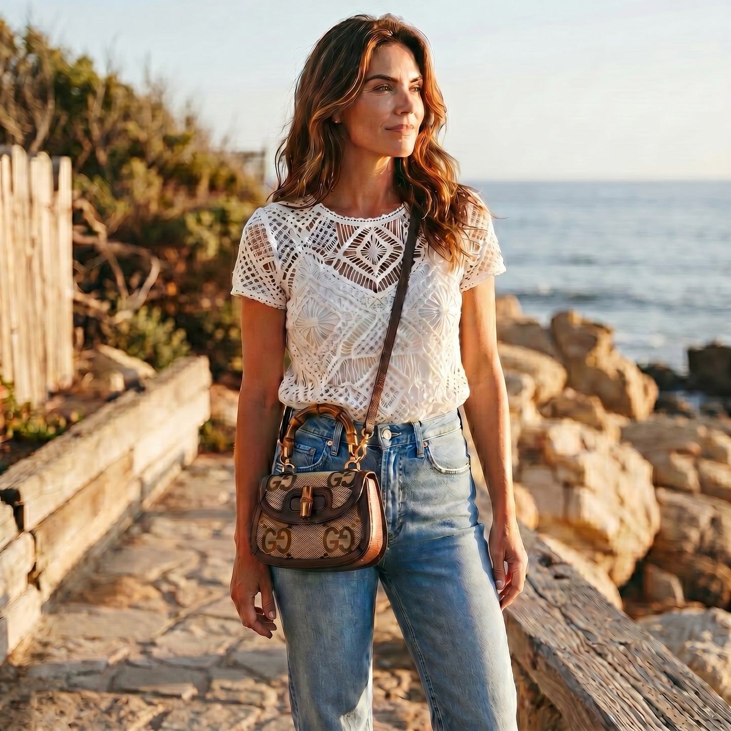Donna indossa borsa a tracolla Borse Vintage Gucci Bamboo in tela GG e pelle marrone con manico in bambù al mare