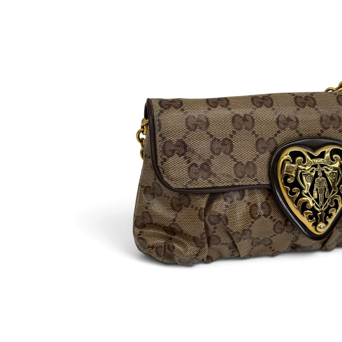 Borsa a spalla Borse Vintage Gucci in tela GG marrone con dettaglio a cuore dorato e tracolla a catena