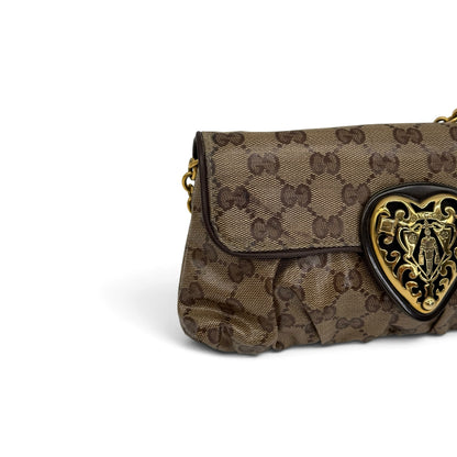 Borsa a spalla Borse Vintage Gucci in tela GG marrone con dettaglio a cuore dorato e tracolla a catena