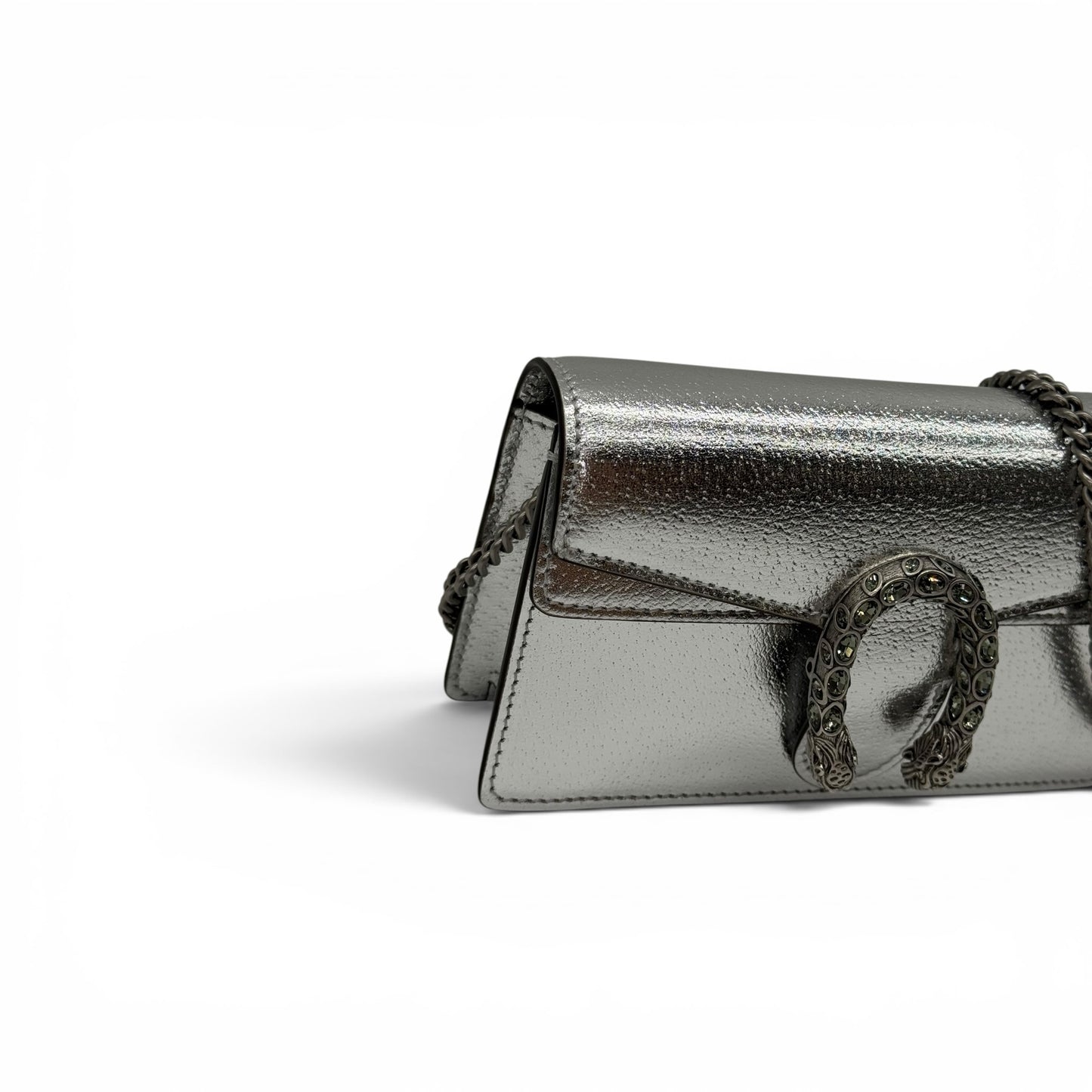 Borsa a tracolla Borse Vintage Gucci Dionysus mini in pelle metallizzata argento con chiusura a testa di tigre