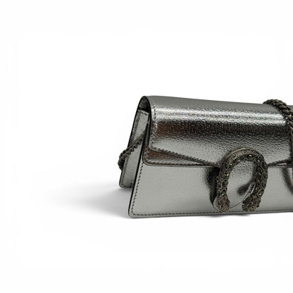 Borsa a tracolla Borse Vintage Gucci Dionysus mini in pelle metallizzata argento con chiusura a testa di tigre