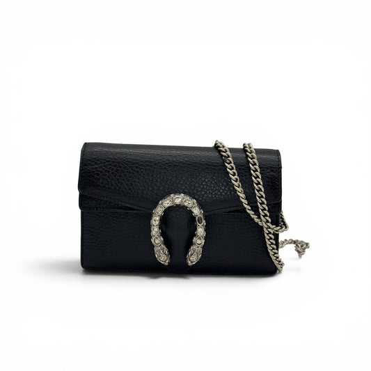 Borsa a tracolla Borse Vintage Gucci Dionysus in pelle nera martellata con chiusura a ferro di cavallo e cristalli