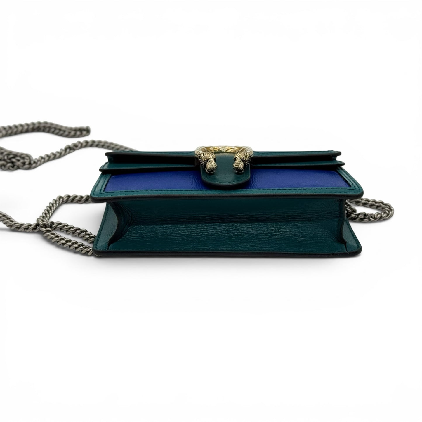 Borsa a tracolla Borse Vintage Gucci Dionysus in pelle blu e verde con chiusura a testa di tigre e catena argentata