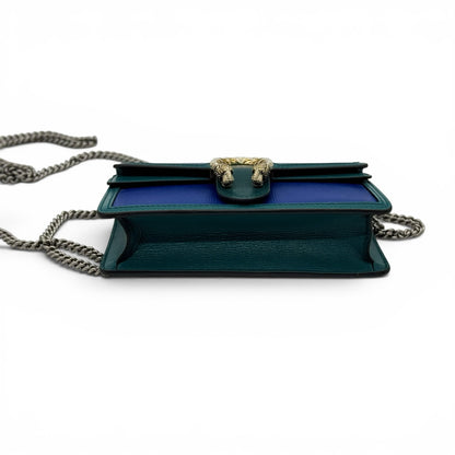 Borsa a tracolla Borse Vintage Gucci Dionysus in pelle blu e verde con chiusura a testa di tigre e catena argentata