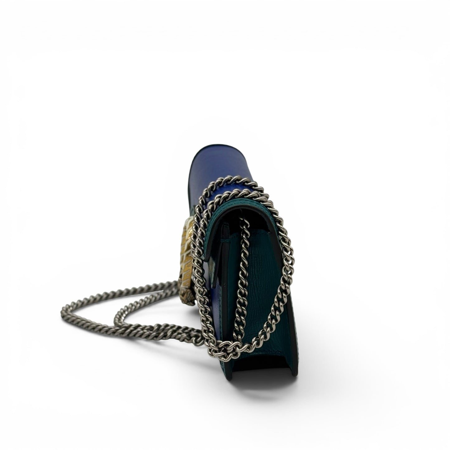 Borsa a tracolla Borse Vintage Gucci Dionysus in pelle blu e verde con chiusura a testa di tigre e catena argentata