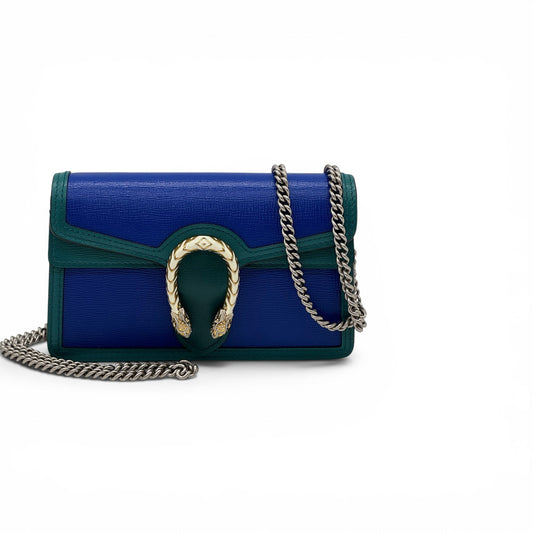 Borsa a tracolla Borse Vintage Gucci Dionysus in pelle blu e verde con chiusura a testa di tigre e catena argentata