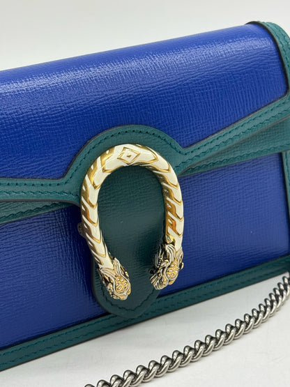Borsa a tracolla Borse Vintage Gucci Dionysus in pelle blu e verde con iconica chiusura a testa di tigre e catena