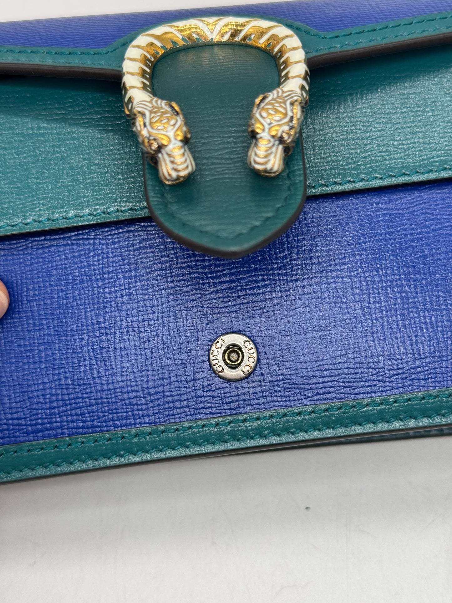Borsa a tracolla Borse Vintage Gucci Dionysus in pelle blu e verde con iconica chiusura a testa di tigre metallica