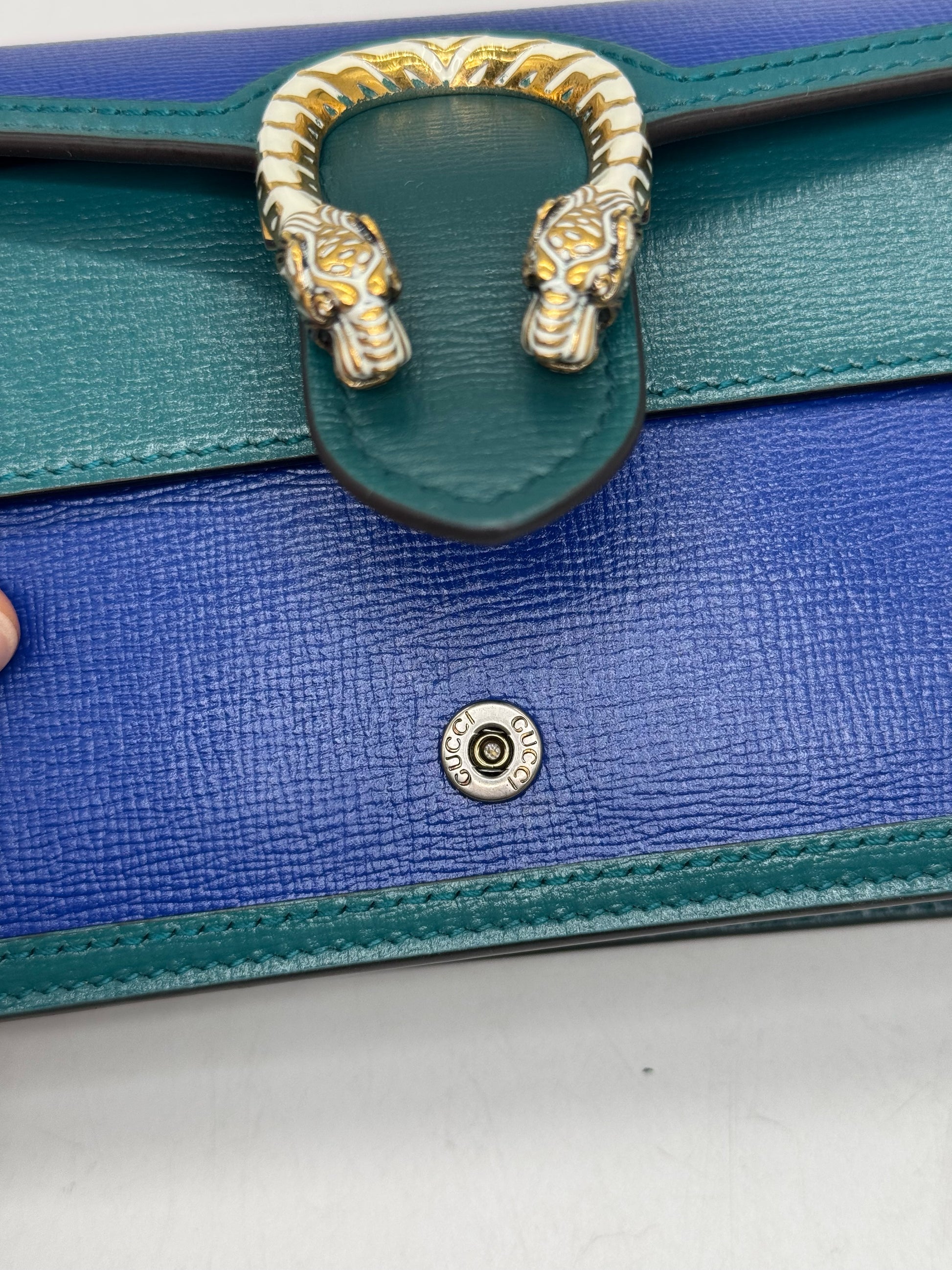 Borsa a tracolla Borse Vintage Gucci Dionysus in pelle blu e verde con iconica chiusura a testa di tigre metallica