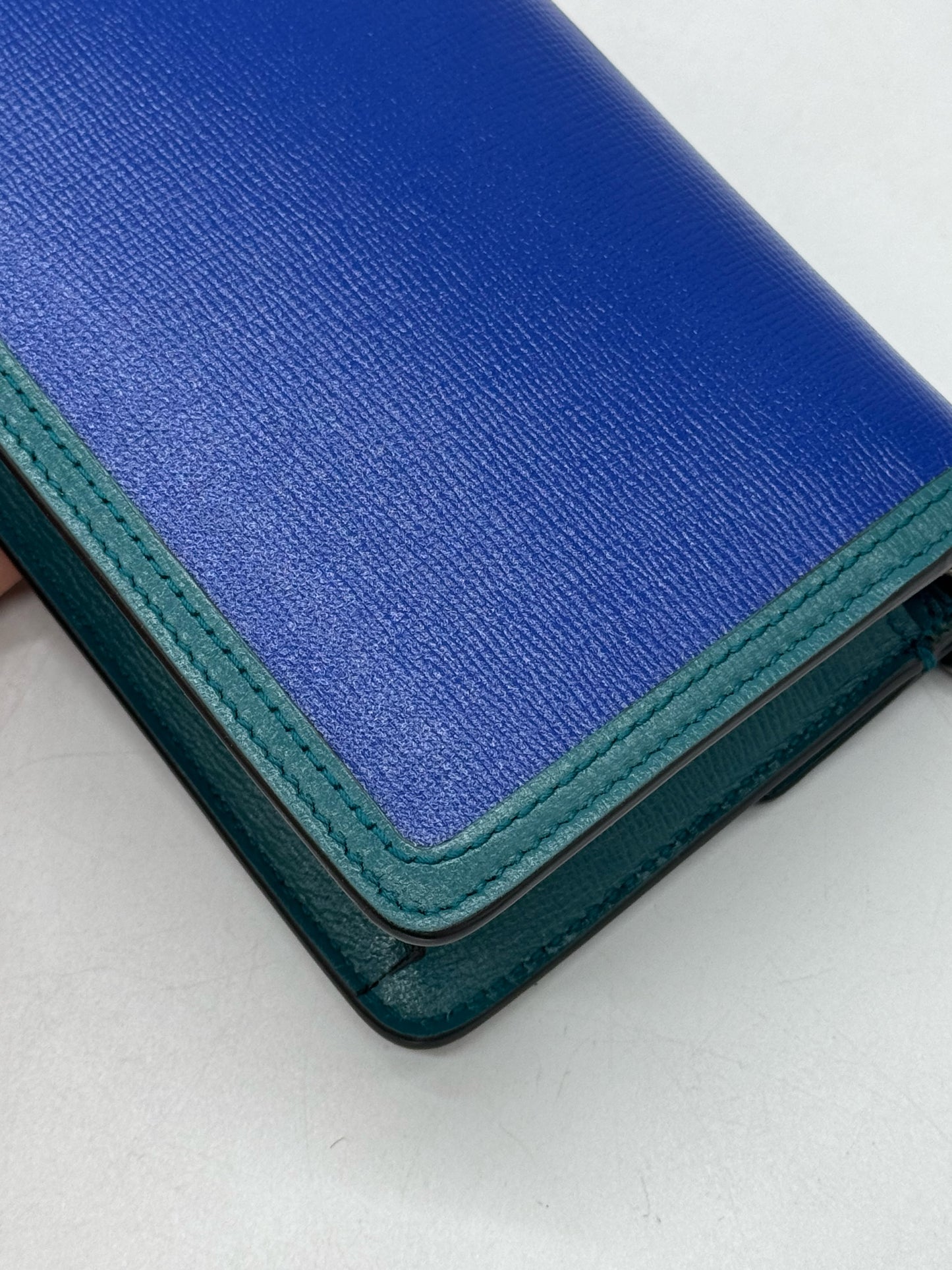 Dettaglio della borsa a tracolla Borse Vintage Gucci Dionysus in pelle blu e verde con cuciture a contrasto