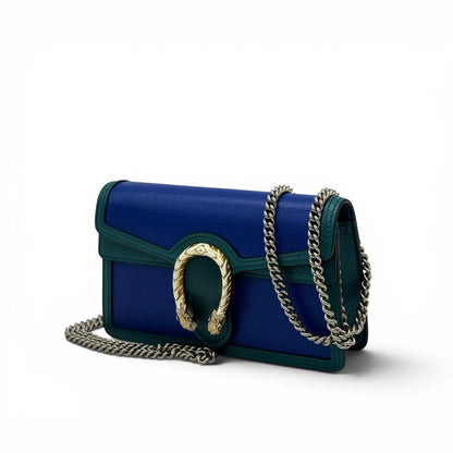 Borsa a tracolla Borse Vintage Gucci Dionysus in pelle blu e verde con chiusura a testa di tigre e catena argentata