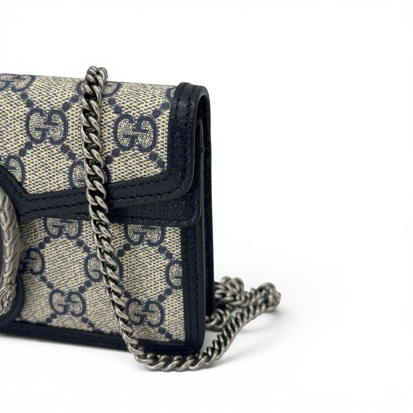 Borsa a tracolla Borse Vintage Gucci Dionysus in tela GG con finiture in pelle blu e tracolla a catena argento
