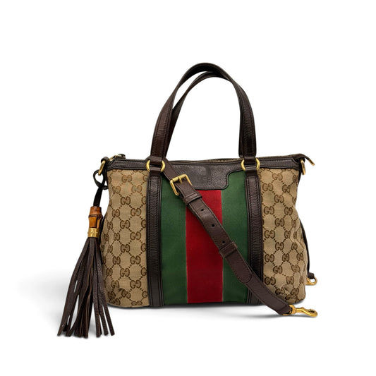 Borsa a spalla Borse Vintage Gucci in tela GG Supreme con banda Web, finiture in pelle marrone e nappa con bambù