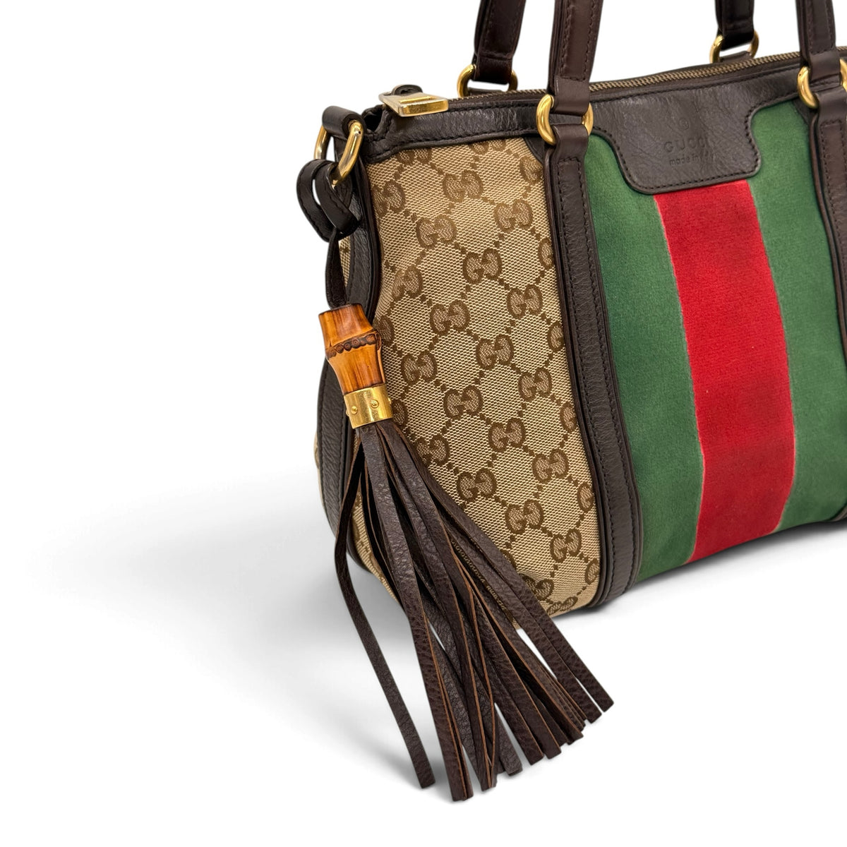 Borsa a spalla Borse Vintage Gucci in tela GG Supreme con banda Web, finiture in pelle marrone e nappa con bambù