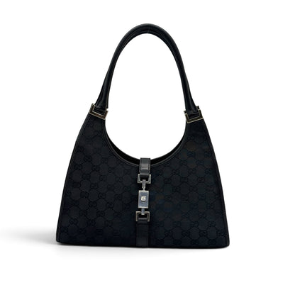 Borsa a spalla Borse Vintage Gucci Jackie in tessuto nero con motivo GG, dettagli in pelle e chiusura metallica