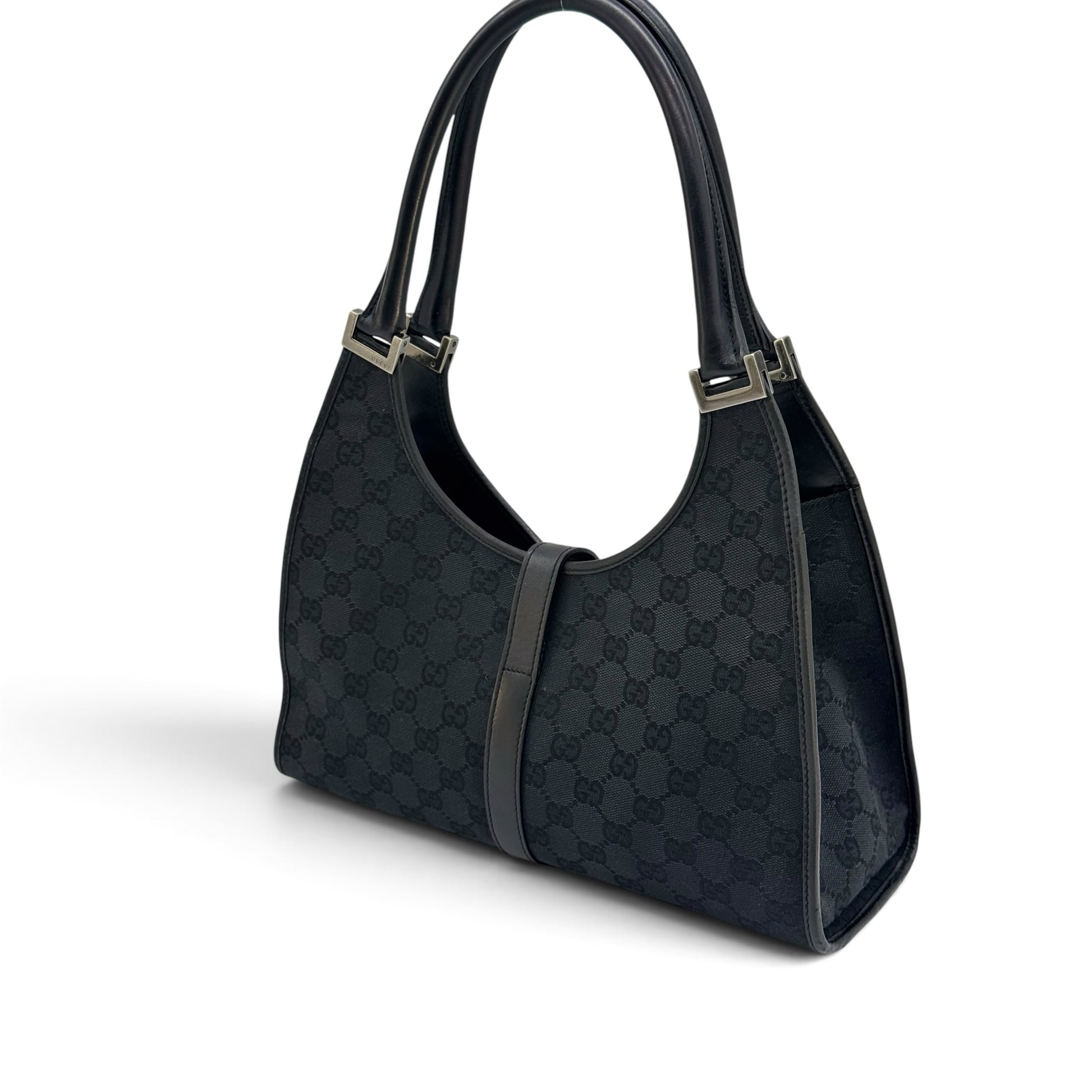 Borsa a spalla Borse Vintage Gucci Jackie in tessuto nero con motivo GG e dettagli in pelle nera