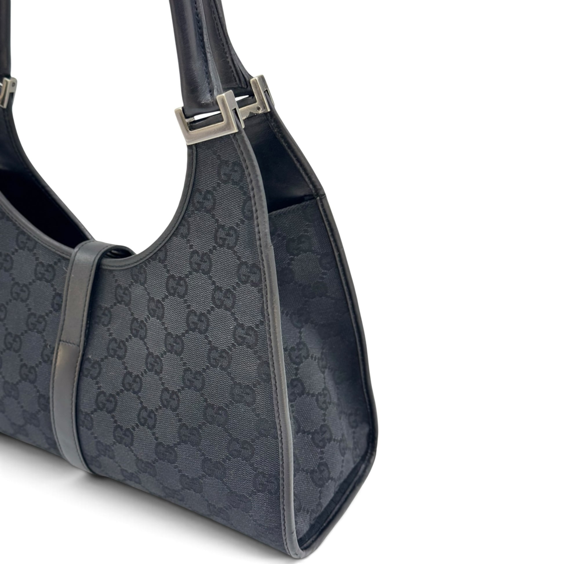 Borsa a spalla Borse Vintage Gucci Jackie in tessuto nero con motivo GG e dettagli in pelle nera