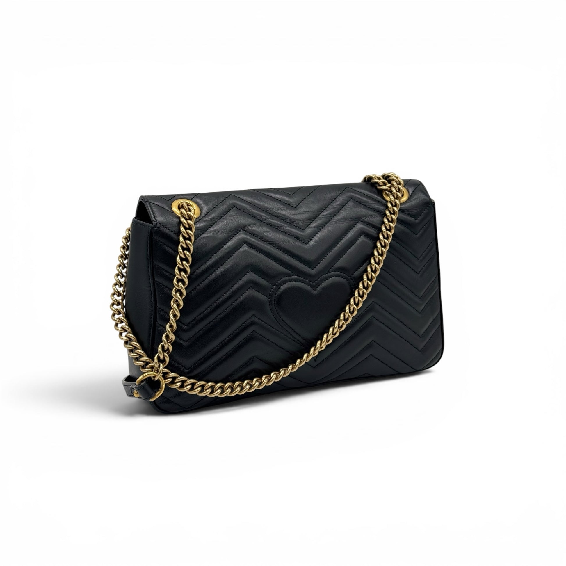 Borsa a tracolla Borse Vintage Gucci Marmont nera in pelle matelassé con motivo chevron e dettagli a cuore sul retro